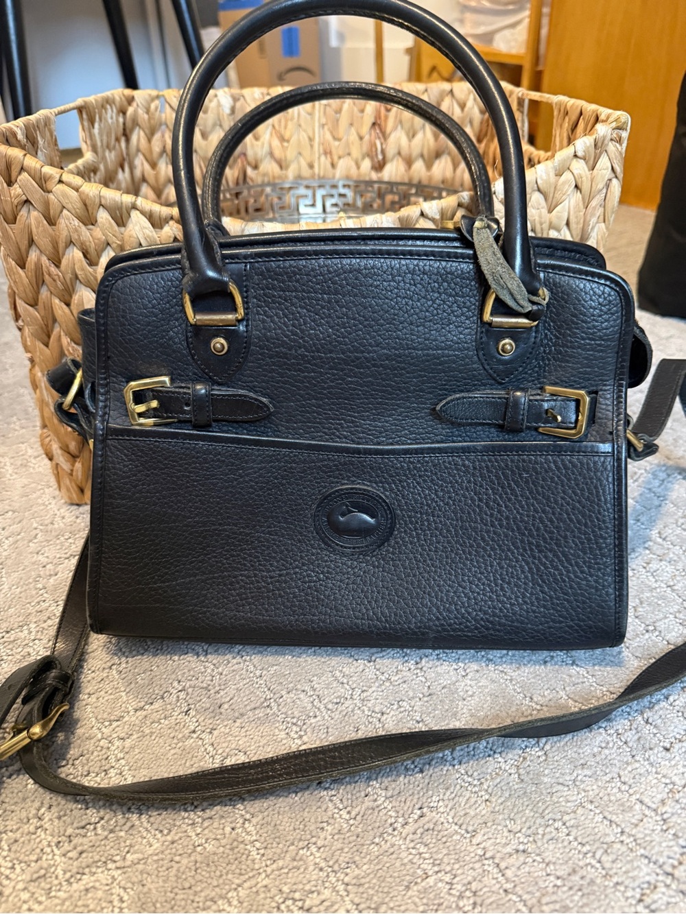 VINTAGE Dooney & Bourke Black Pebbled Leather Top-Handle Satchel w. Cross Strap